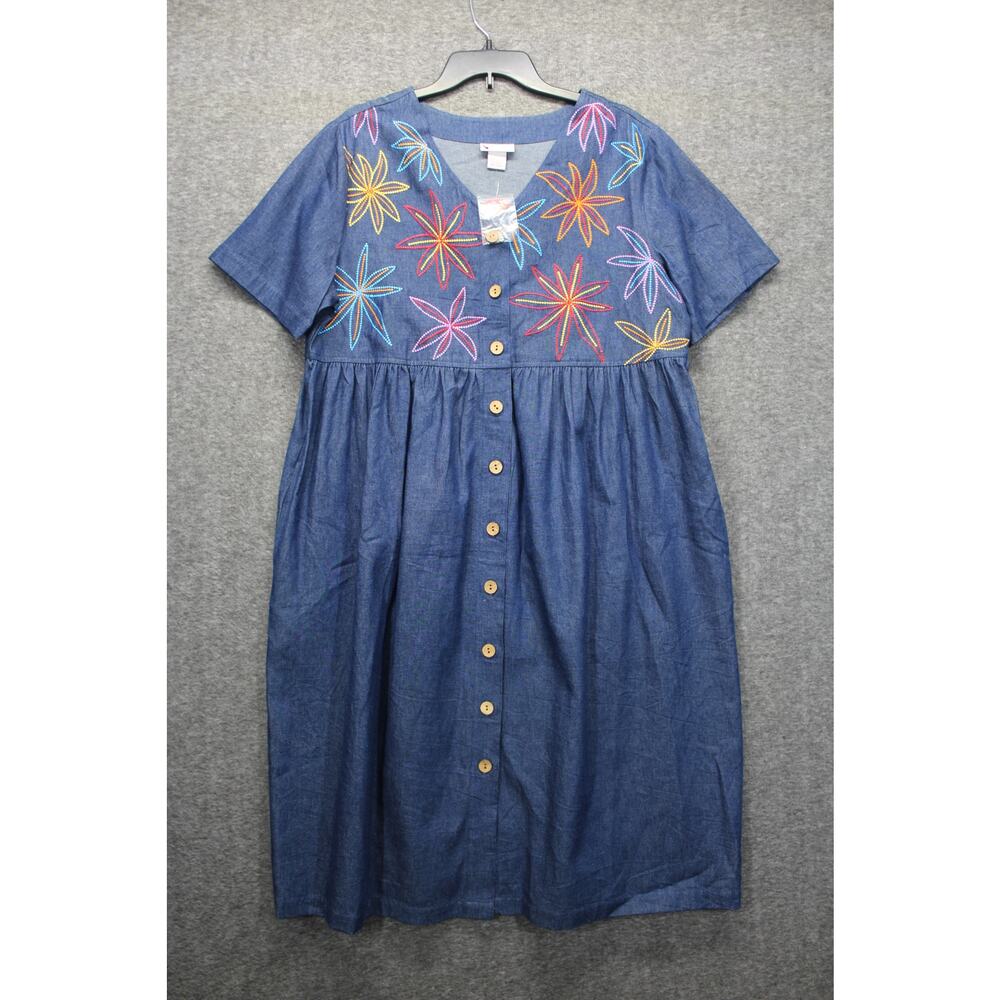 Go Softly Patio Denim Midi Dress Size Large Floral Embroidered Button Down New